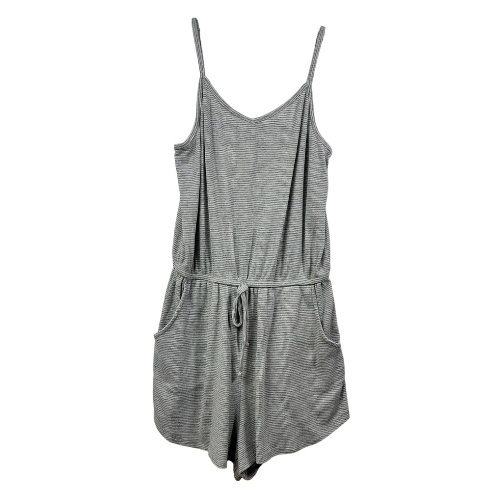 Mossimo Supply Co Grey Striped Waffle Knit Romper V-Neck Drawstring Small